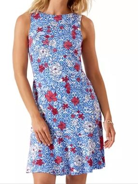 Tommy Bahama Darcy Geo Garden Flounce Dress Floral Ponte Shift Blue Size Medium